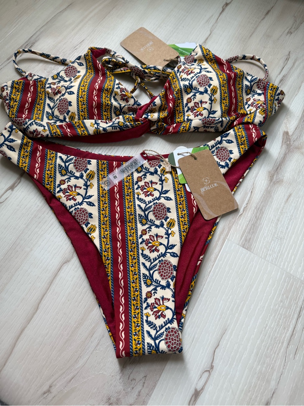 Women’s Floral Stripe Bikini Set in Burgundy and Cream